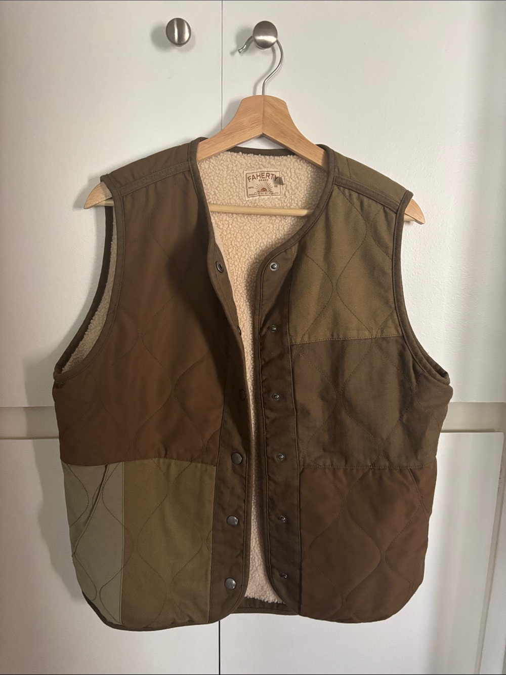 Faherty Olive and Brown Quilted Sherpa-Lined Patchwork Vest